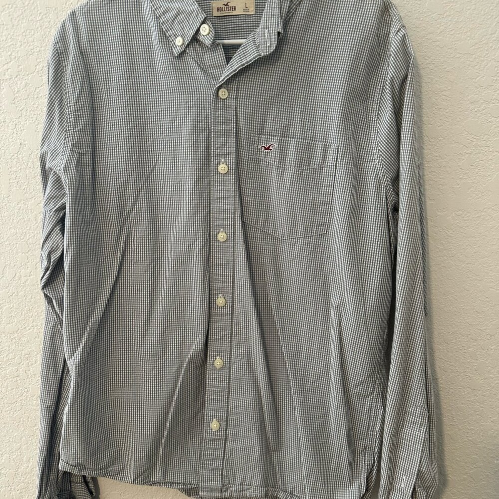Hollister Gray & White Checkered Print Long Sleeve Button Down Shirt - L